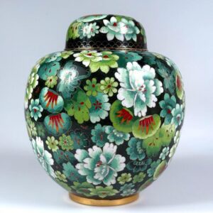 Cloisonné Emaille Deckelvase China Urne grün floral OVP