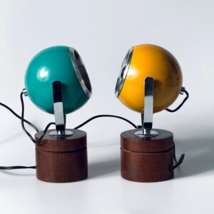 Paar EyeballTischleuchten Lampen türkis gelb Teak Italy 1970er