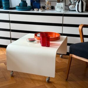 Couchtisch 1970er Kunststoff Holz Rollen weiß spaceage sidetable